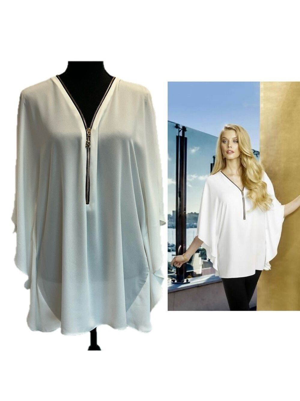 Frank Lyman white semi sheer chiffon butterfly sleeve half zip blouse top Sz S